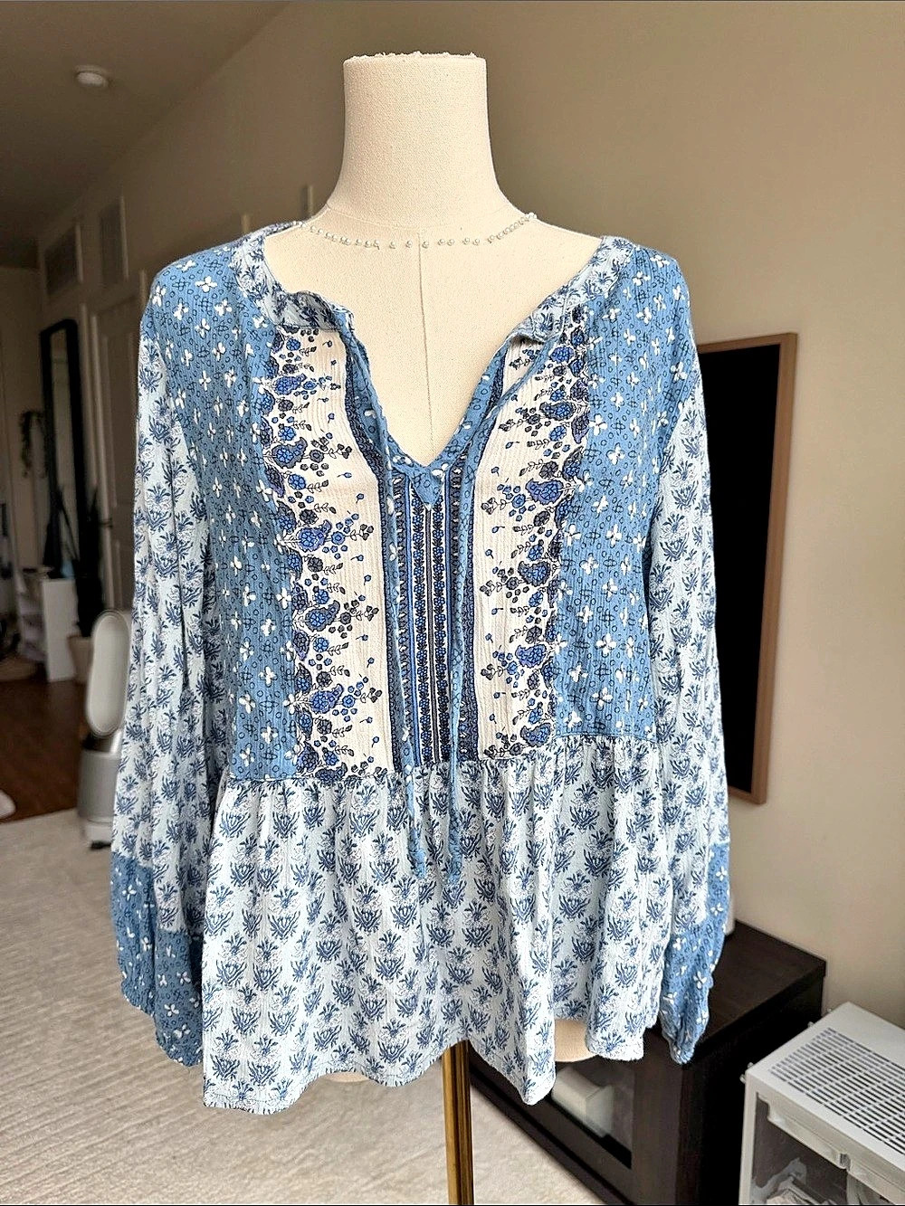 Lucky Brand 100% Cotton Paisley Peasant Tunic in Blue & White | Large, Like New